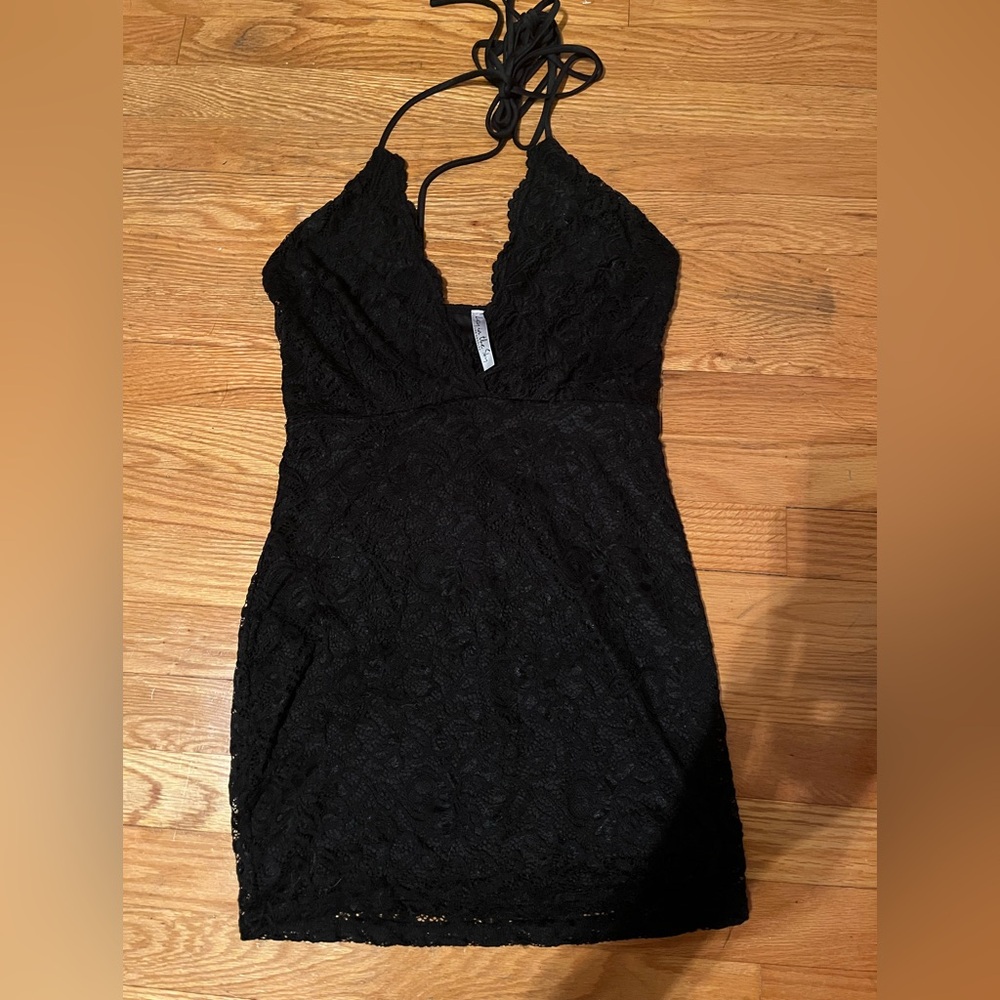 New Lucy in the Sky Black Lace Halter Dress Bodycon Mini